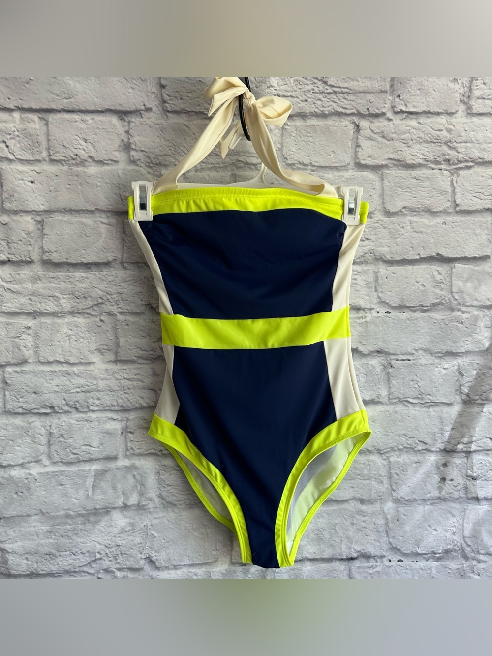 PREOWNED BODEN COLOR BLOCK NAVY BLUE SWIMSUIT HALTER TIE NECK WOMENS SIZE 4L